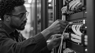 An engineer plugging a network cable into a patch panel full of neatly bundled cables