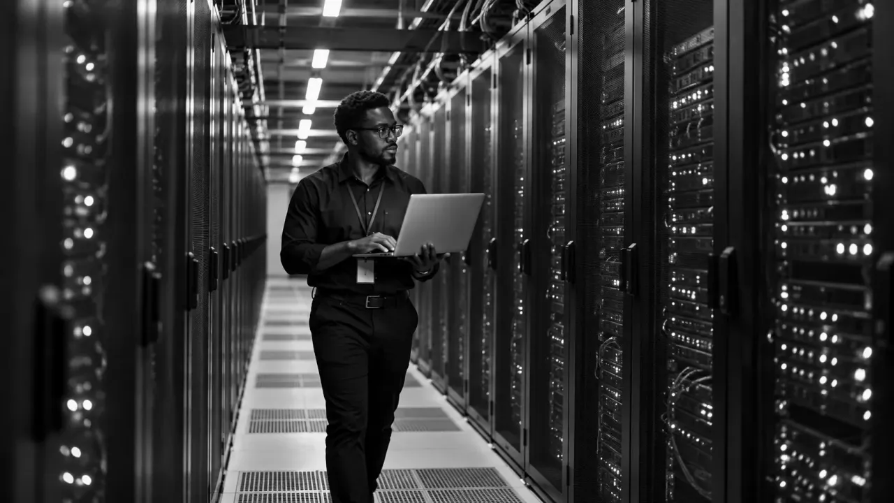 An engineer carrying a laptop down a long data centre aisle between rows of server racks