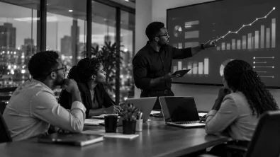 A colleague presenting charts on a wall screen to three teammates around a meeting table