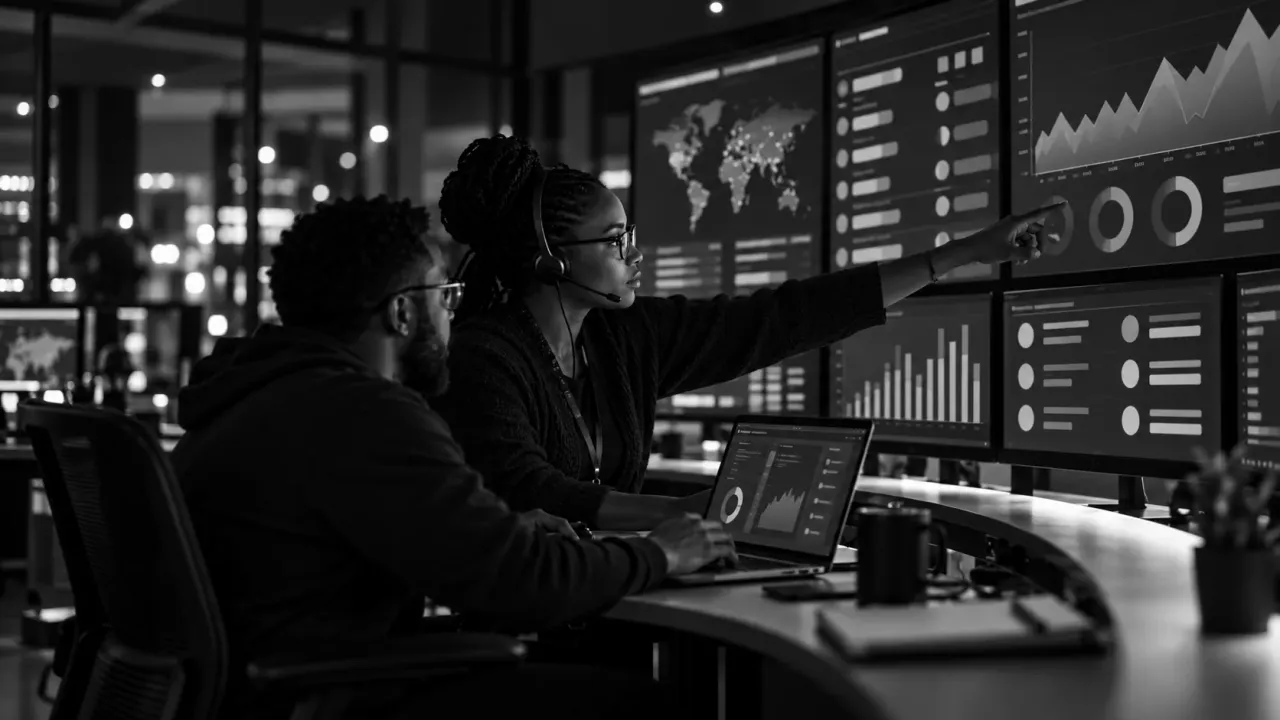 Two engineers at a curved desk in an operations room, one pointing to a wall of monitoring screens