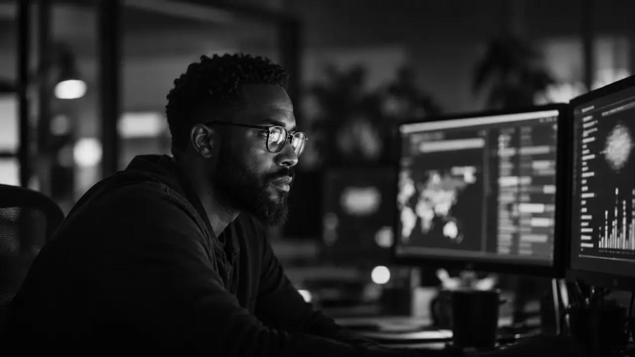 A security engineer studying his monitors in a dim room, the screens reflected in his glasses