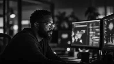 A security engineer studying his monitors in a dim room, the screens reflected in his glasses