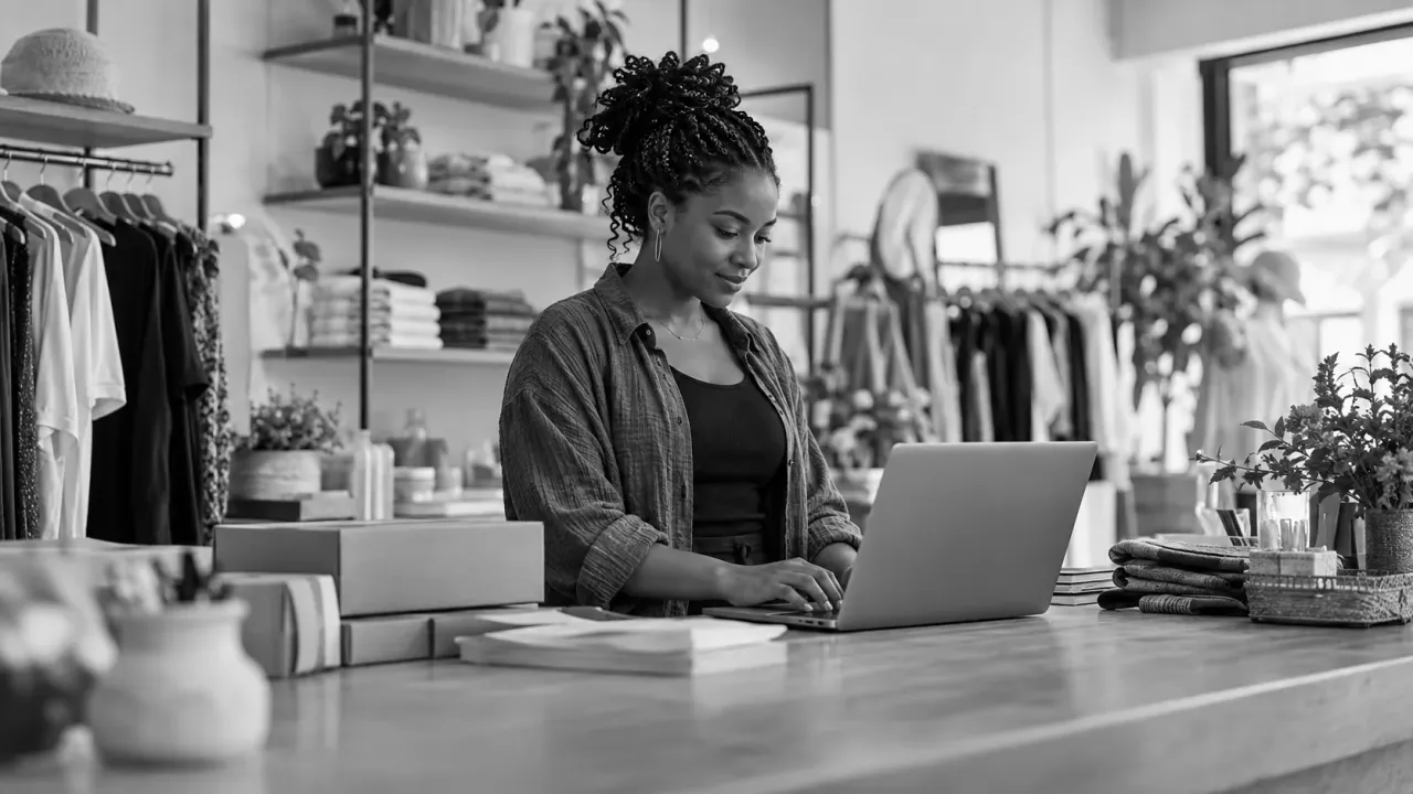 A boutique owner managing online orders on a laptop at her shop counter