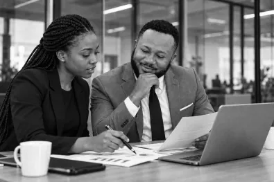 Two colleagues going through printed charts beside a laptop