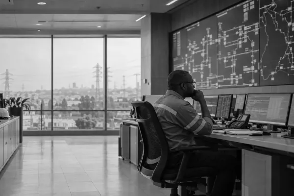 An engineer in a control room, facing a wall of system diagrams