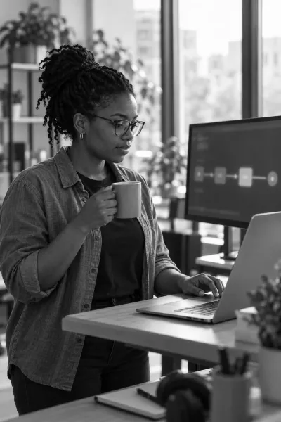 An engineer with a cup of coffee watches a software release on her laptop at a standing desk