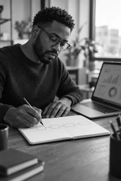 A data engineer sketches a data pipeline as connected boxes in a notebook beside his laptop