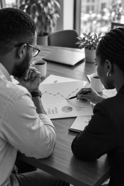 Two analysts review a printed report, one pointing with a pen at a dip in a line chart