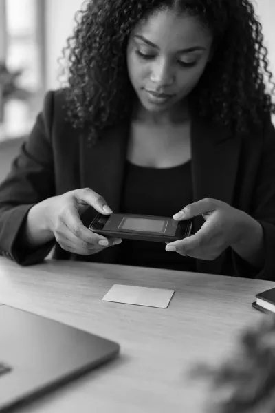 A woman holds her phone over an identity card on a desk to verify her identity in an app