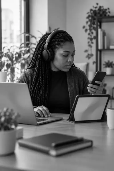 A developer wearing headphones tests a web app on a laptop, a tablet and a phone