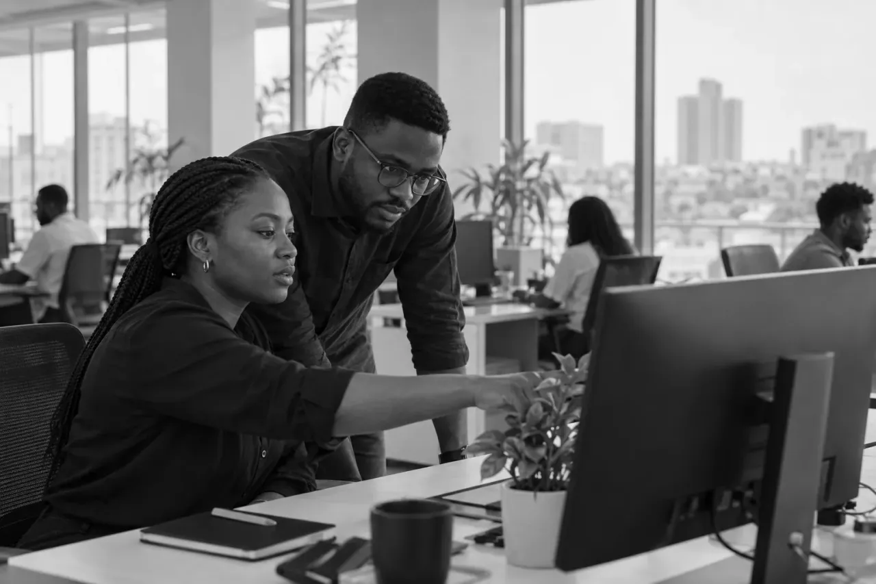 Two engineers reviewing code together at one desk