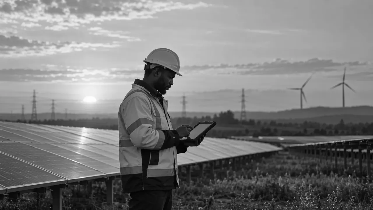 An engineer in a hard hat checking a tablet among rows of solar panels, with wind turbines on the horizon