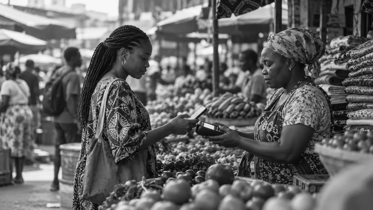 A woman paying with her phone at a market stall while the vendor holds out a card reader