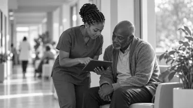 A nurse showing a seated patient his appointment details on a tablet in a clinic corridor
