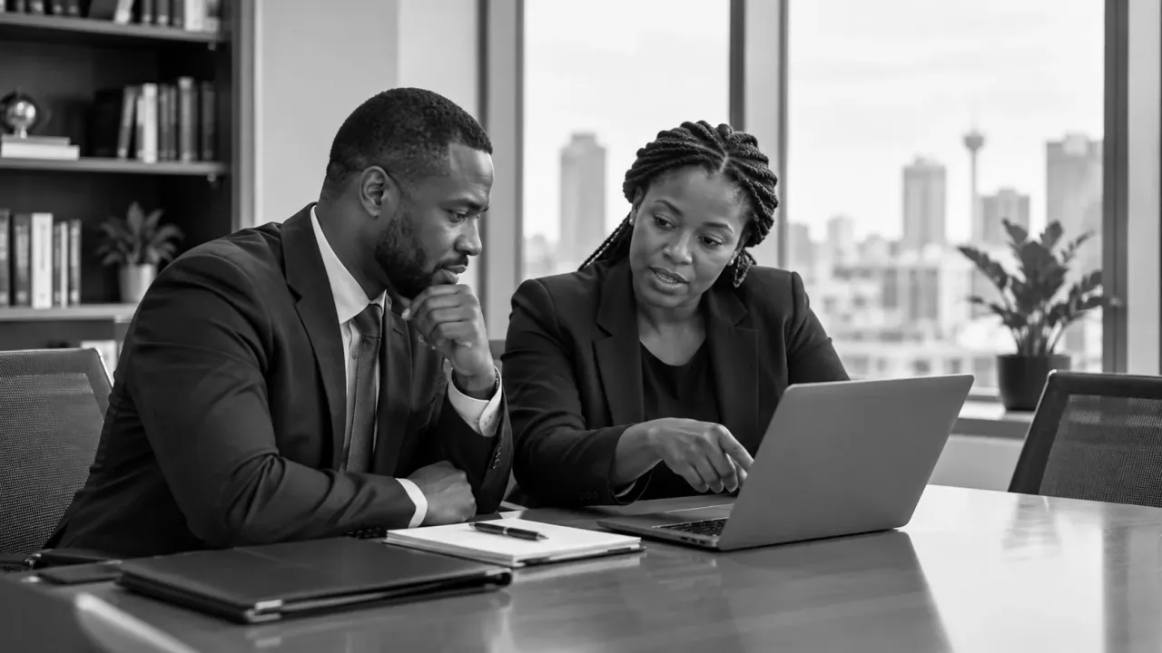 An adviser walking a client through documents on a laptop in a meeting room overlooking the city