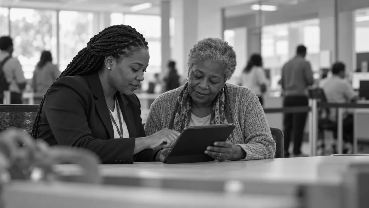 A public servant helping an older woman with an online application on a tablet at a service centre