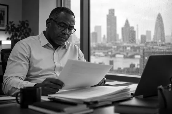 A man at his desk reviewing a printed report beside a laptop