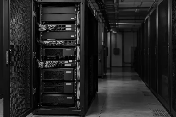 Rows of server racks in a data centre aisle
